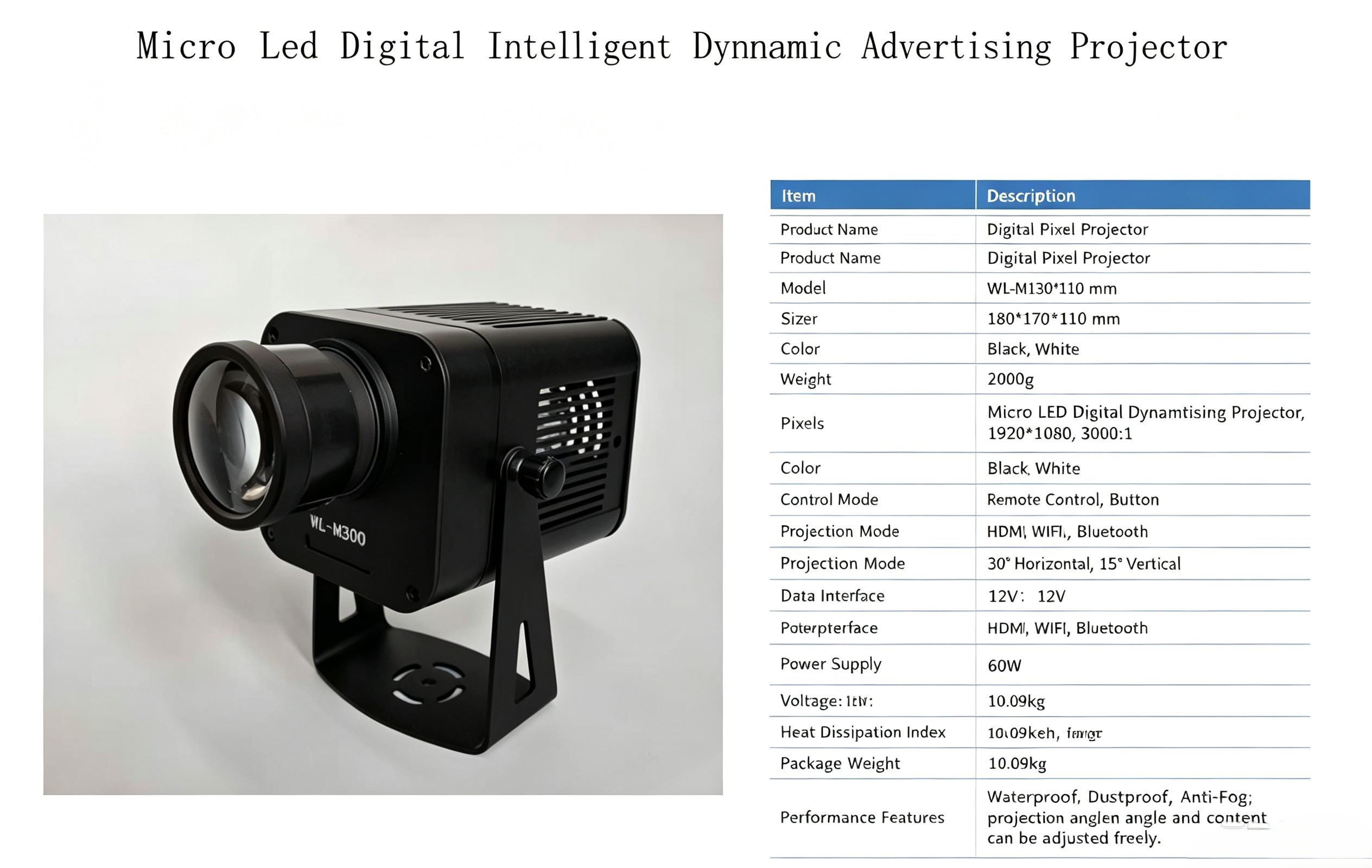 Projection light specification sheet